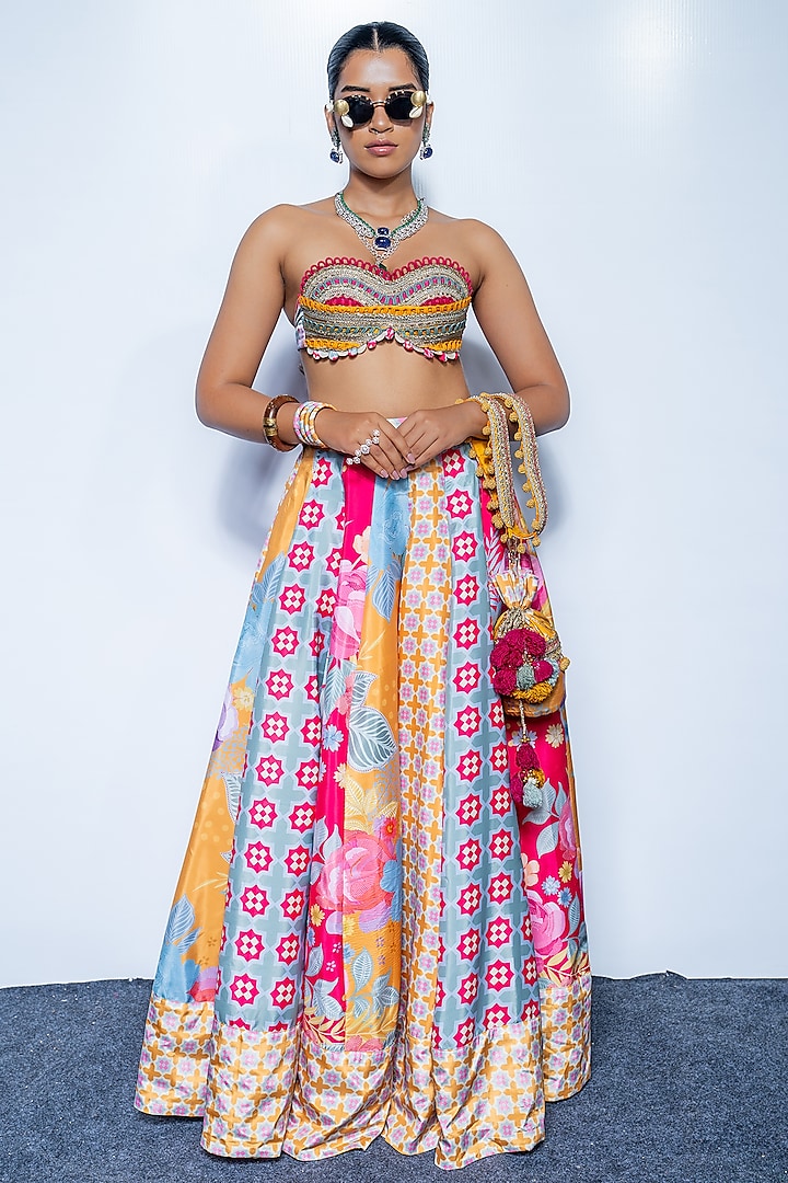 Sunset Marigold Yellow Crepe Floral Printed Flared Wedding Lehenga Set by Rishi & Vibhuti at Pernia's Pop Up Shop