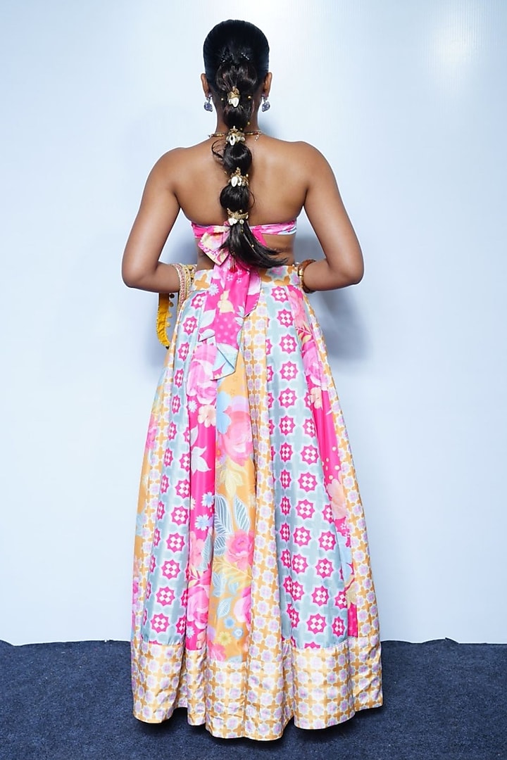 Sunset Marigold Yellow Crepe Floral Printed Flared Wedding Lehenga Set by Rishi & Vibhuti at Pernia's Pop Up Shop