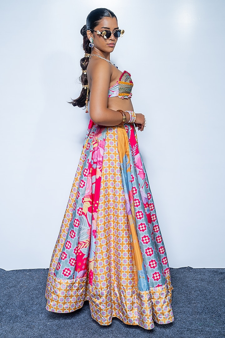 Sunset Marigold Yellow Crepe Floral Printed Flared Wedding Lehenga Set by Rishi & Vibhuti at Pernia's Pop Up Shop