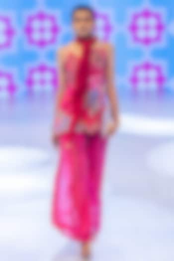 Fuchsia Pink Organza Floral Thread Embroidered Kurta Set by Rishi & Vibhuti at Pernia's Pop Up Shop