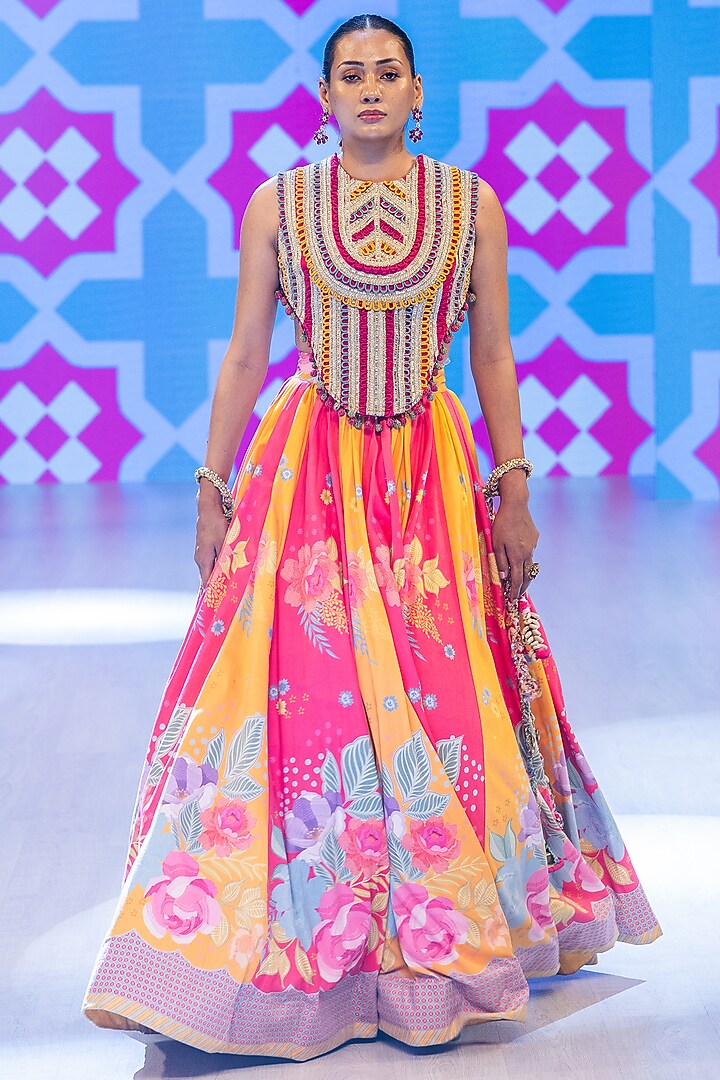 Multi-Colored Velvet Floral Motif Printed Flared Skirt Set by Rishi & Vibhuti at Pernia's Pop Up Shop