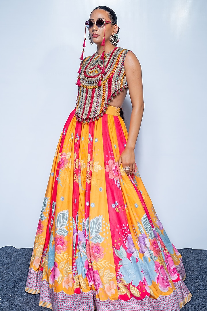 Multi-Colored Velvet Floral Motif Printed Flared Skirt Set by Rishi & Vibhuti at Pernia's Pop Up Shop