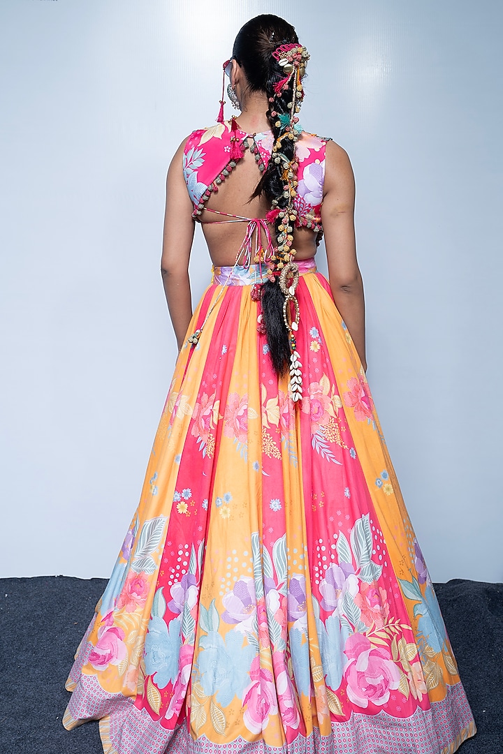 Multi-Colored Velvet Floral Motif Printed Flared Skirt Set by Rishi & Vibhuti at Pernia's Pop Up Shop