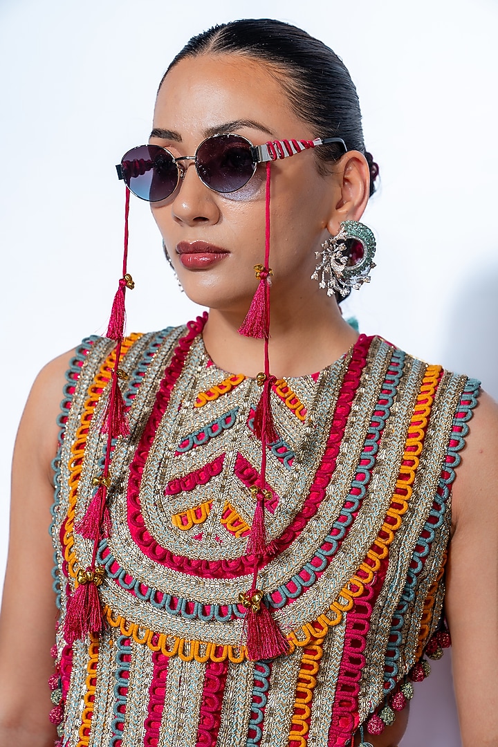 Multi-Colored Velvet Floral Motif Printed Flared Skirt Set by Rishi & Vibhuti at Pernia's Pop Up Shop