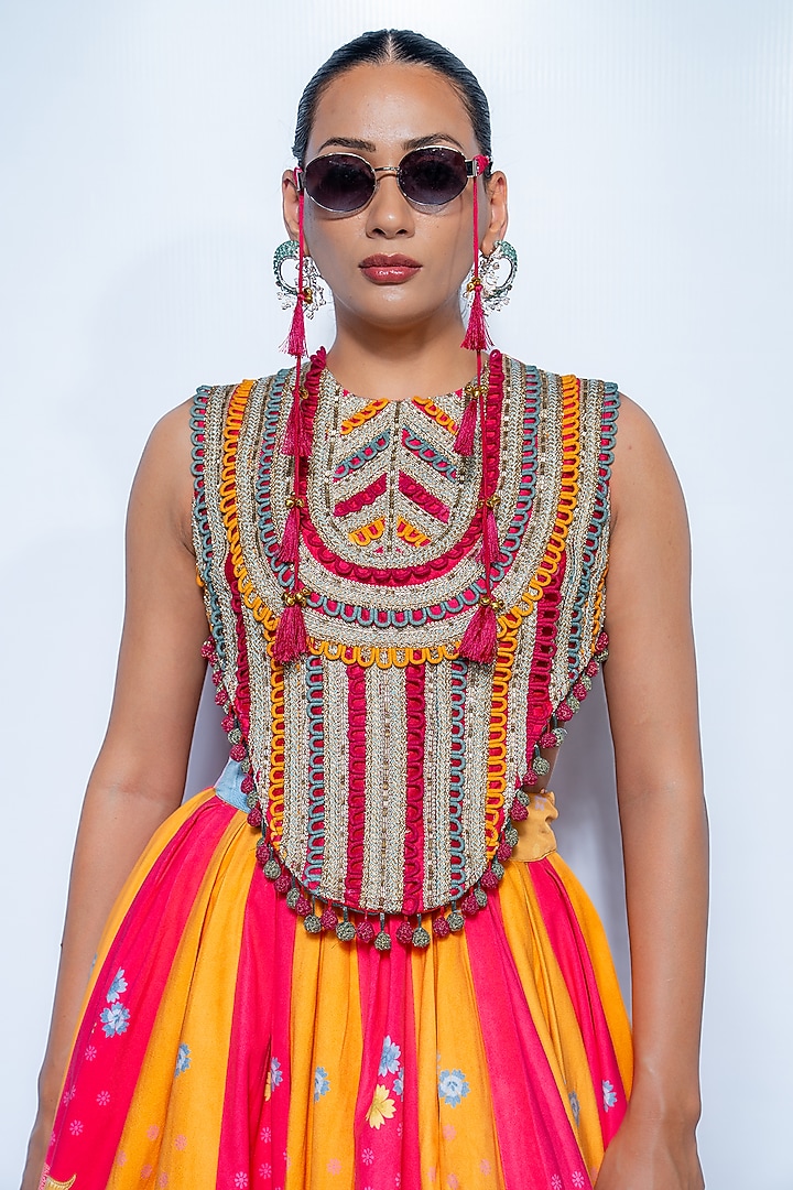 Multi-Colored Velvet Floral Motif Printed Flared Skirt Set by Rishi & Vibhuti at Pernia's Pop Up Shop