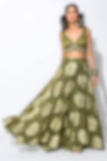 Olive Green & Golden Embroidered Wedding Lehenga Set by Rishi & Vibhuti at Pernia's Pop Up Shop