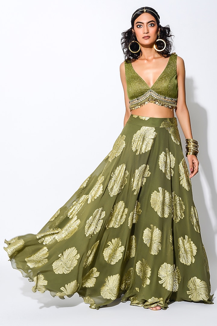 Olive Green & Golden Embroidered Wedding Lehenga Set by Rishi & Vibhuti at Pernia's Pop Up Shop