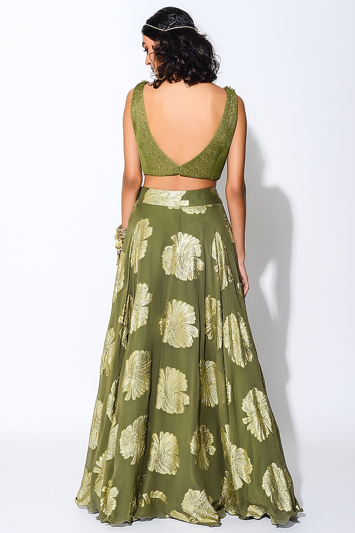 Olive Green & Golden Embroidered Wedding Lehenga Set by Rishi & Vibhuti at Pernia's Pop Up Shop