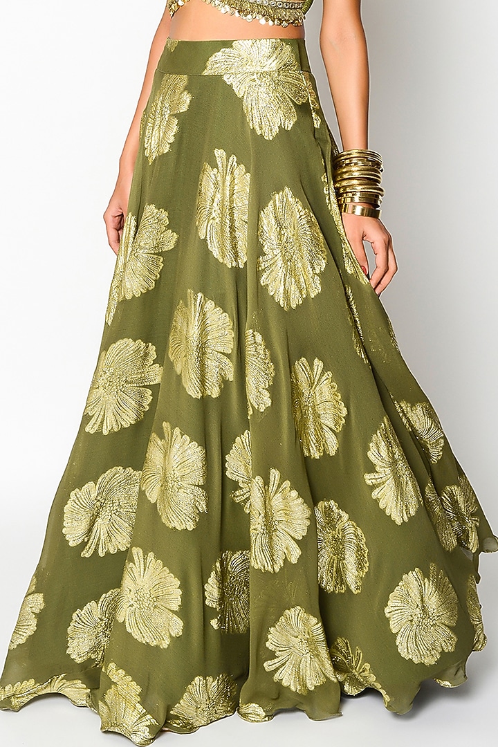 Olive Green & Golden Embroidered Wedding Lehenga Set by Rishi & Vibhuti at Pernia's Pop Up Shop