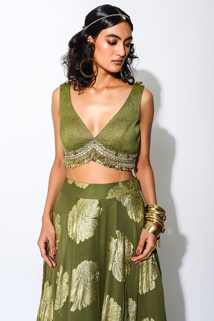 Olive Green & Golden Embroidered Wedding Lehenga Set by Rishi & Vibhuti at Pernia's Pop Up Shop