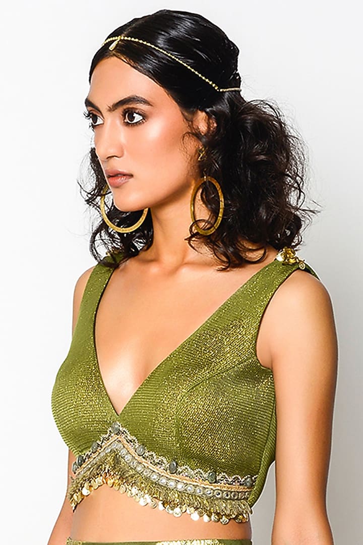 Olive Green & Golden Embroidered Wedding Lehenga Set by Rishi & Vibhuti at Pernia's Pop Up Shop