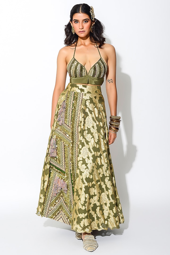 Olive Green & Golden Georgette Skirt Set by Rishi & Vibhuti at Pernia's Pop Up Shop