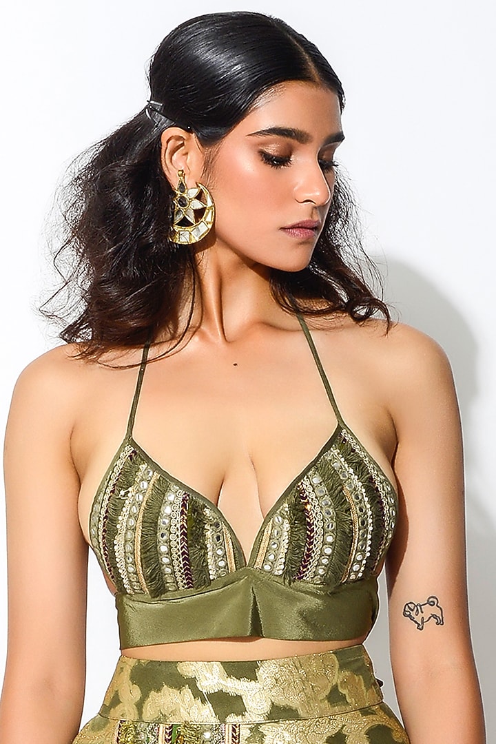 Olive Green & Golden Georgette Skirt Set by Rishi & Vibhuti at Pernia's Pop Up Shop