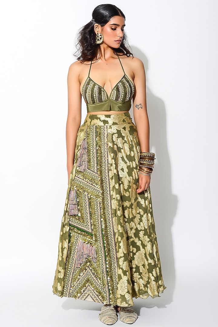 Olive Green & Golden Georgette Skirt Set by Rishi & Vibhuti at Pernia's Pop Up Shop