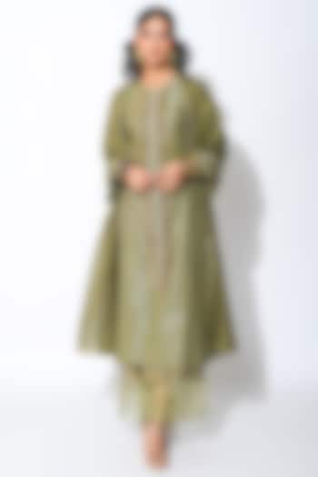 Olive Green & Golden Embroidered Kurta Set by Rishi & Vibhuti