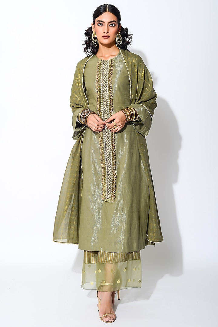 Olive Green & Golden Embroidered Kurta Set by Rishi & Vibhuti