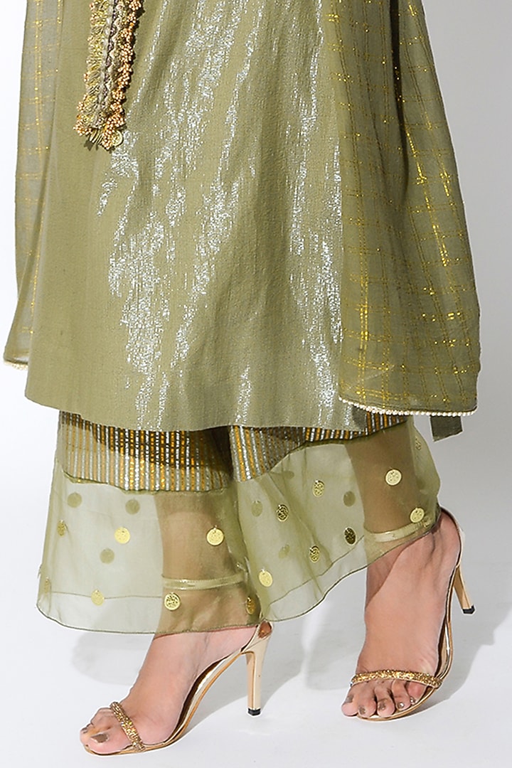 Olive Green & Golden Embroidered Kurta Set by Rishi & Vibhuti at Pernia's Pop Up Shop