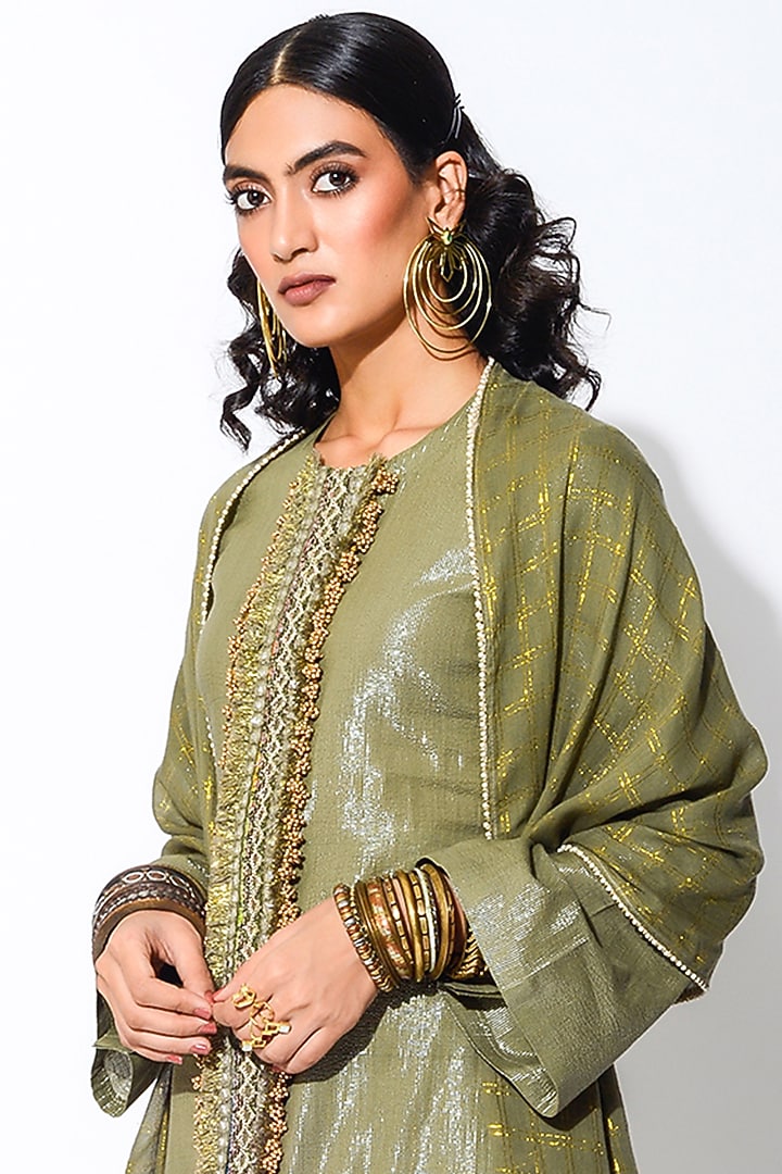 Olive Green & Golden Embroidered Kurta Set by Rishi & Vibhuti at Pernia's Pop Up Shop