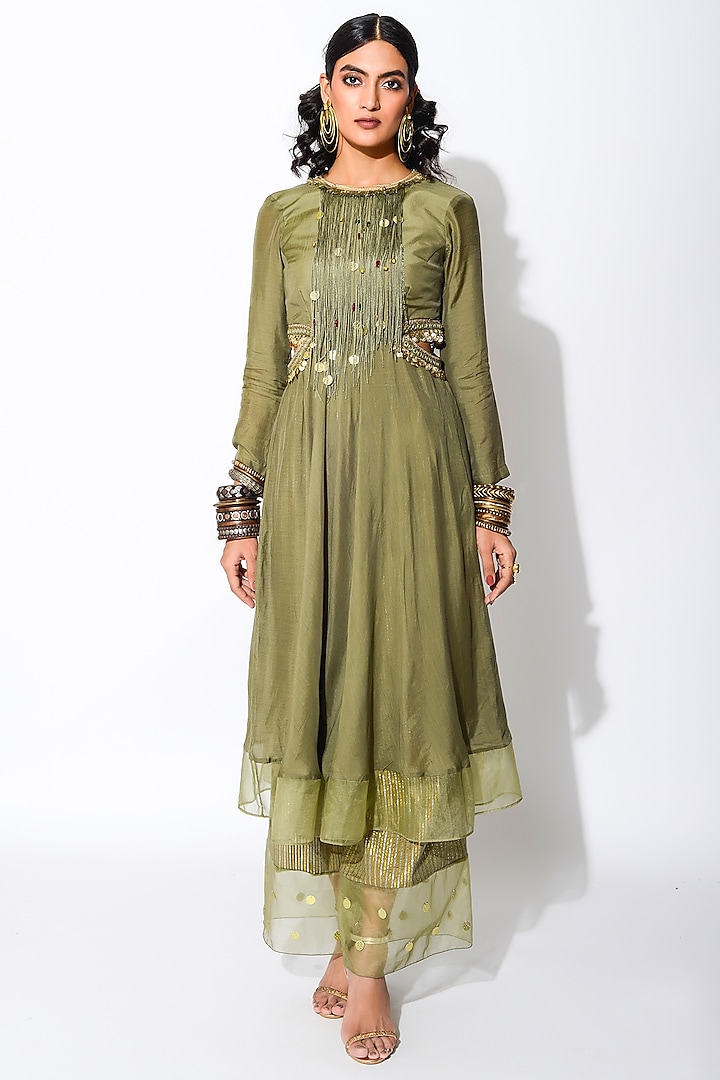 Olive Green & Golden Crepe Embroidered Kurta Set by Rishi & Vibhuti