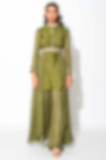 Olive Green & Golden Raw Silk Kurta Set by Rishi & Vibhuti at Pernia's Pop Up Shop