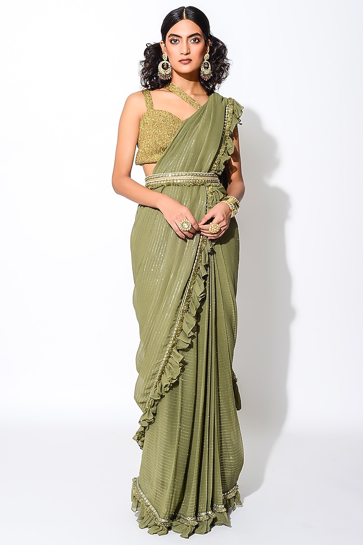 Olive Green Lurex & Georgette Mirror Embroidered Wedding Saree Set by Rishi & Vibhuti at Pernia's Pop Up Shop