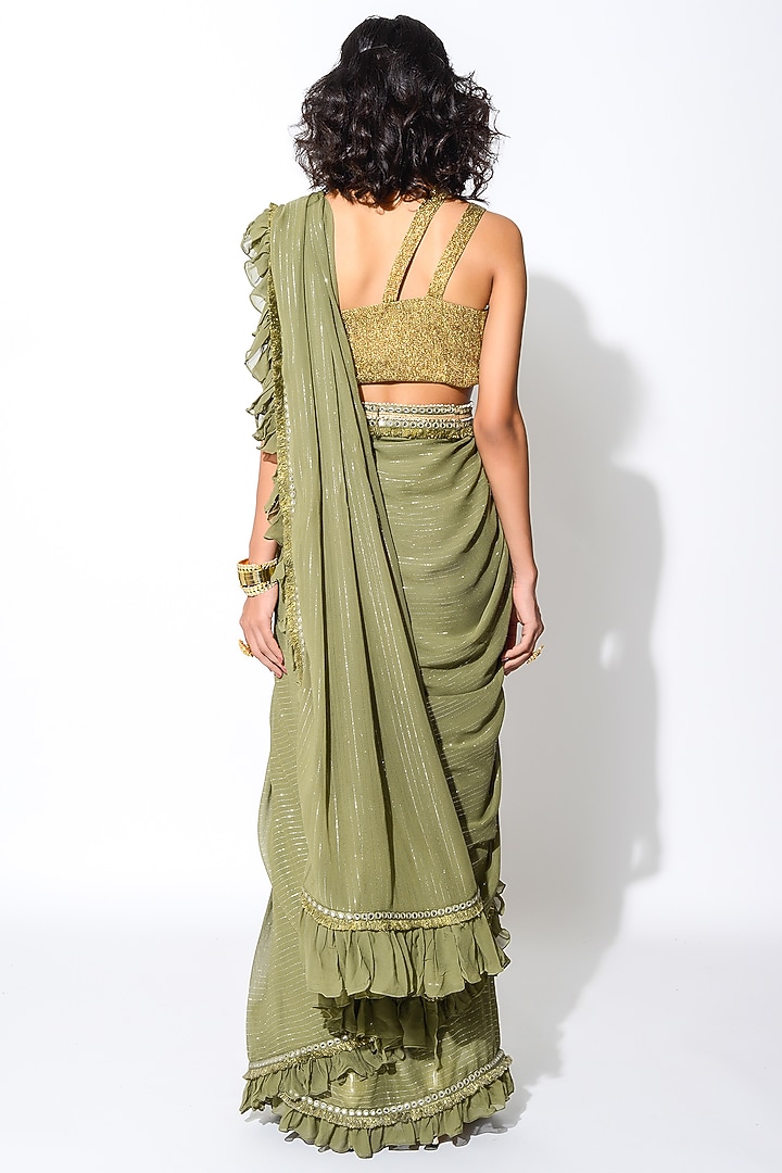 Olive Green Lurex & Georgette Mirror Embroidered Wedding Saree Set by Rishi & Vibhuti at Pernia's Pop Up Shop
