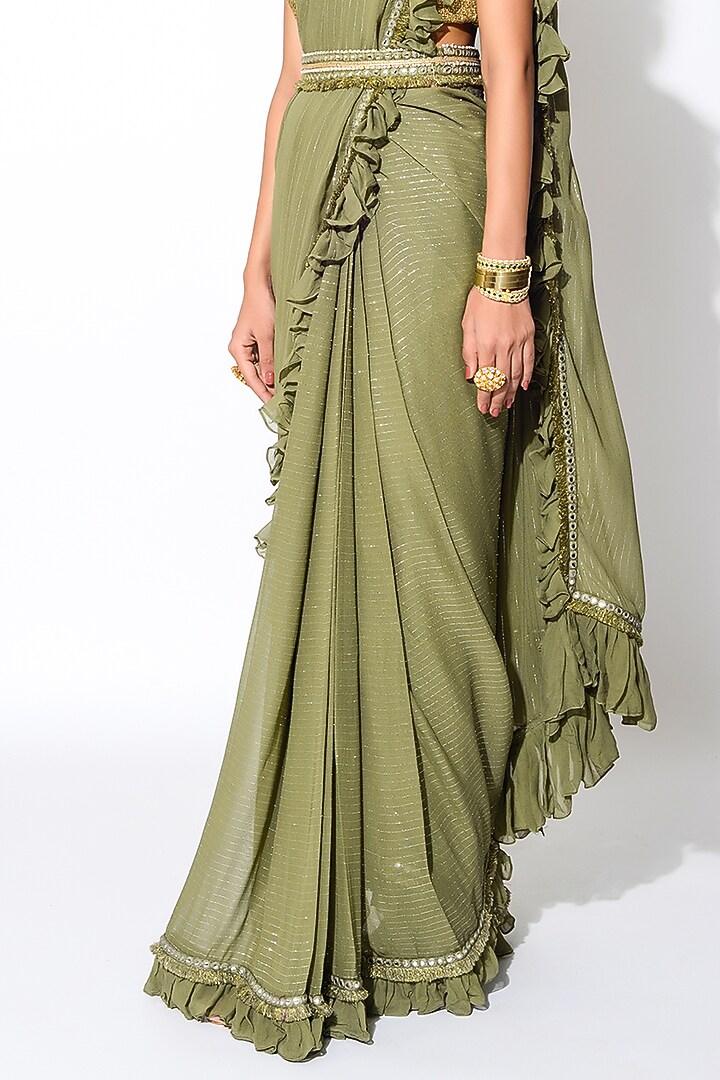 Olive Green Lurex & Georgette Mirror Embroidered Wedding Saree Set by Rishi & Vibhuti at Pernia's Pop Up Shop