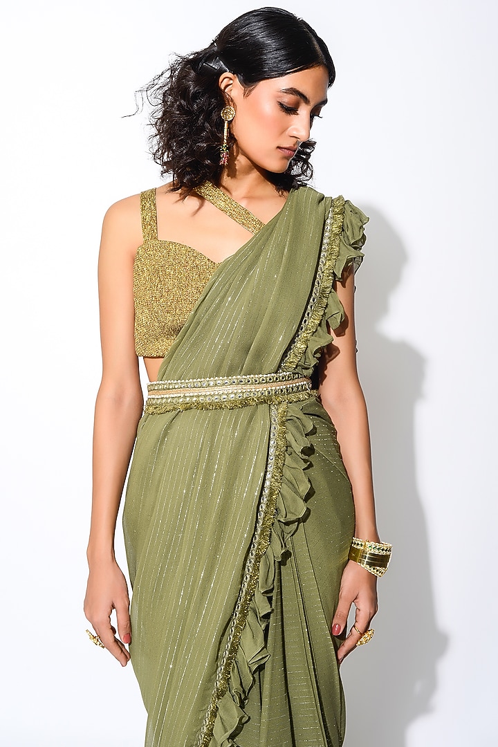 Olive Green Lurex & Georgette Mirror Embroidered Wedding Saree Set by Rishi & Vibhuti at Pernia's Pop Up Shop