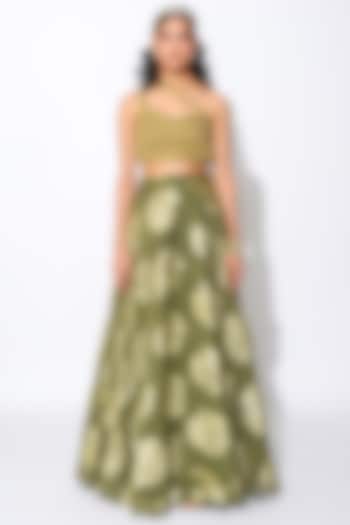 Olive Green & Golden Georgette Floral Skirt Set by Rishi & Vibhuti