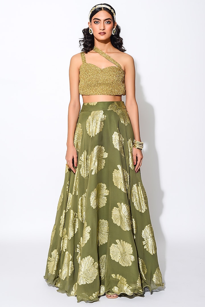 Olive Green & Golden Georgette Floral Skirt Set by Rishi & Vibhuti