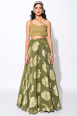 Olive Green & Golden Georgette Floral Skirt Set by Rishi & Vibhuti
