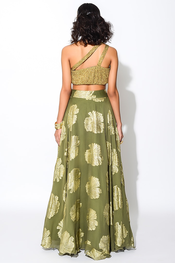 Olive Green & Golden Georgette Floral Skirt Set by Rishi & Vibhuti at Pernia's Pop Up Shop