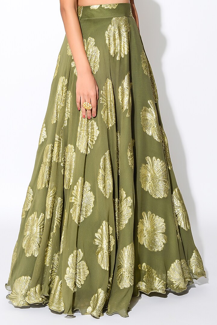 Olive Green & Golden Georgette Floral Skirt Set by Rishi & Vibhuti at Pernia's Pop Up Shop