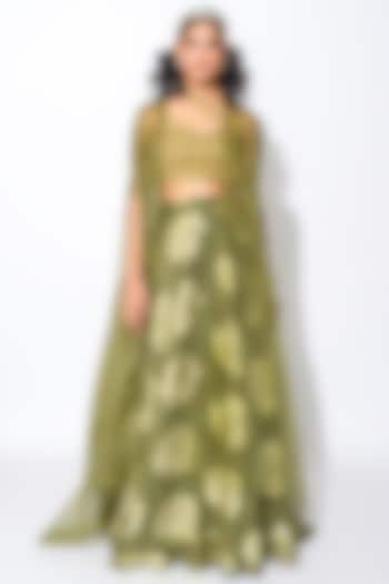 Olive Green & Golden Georgette Floral Skirt Set by Rishi & Vibhuti at Pernia's Pop Up Shop