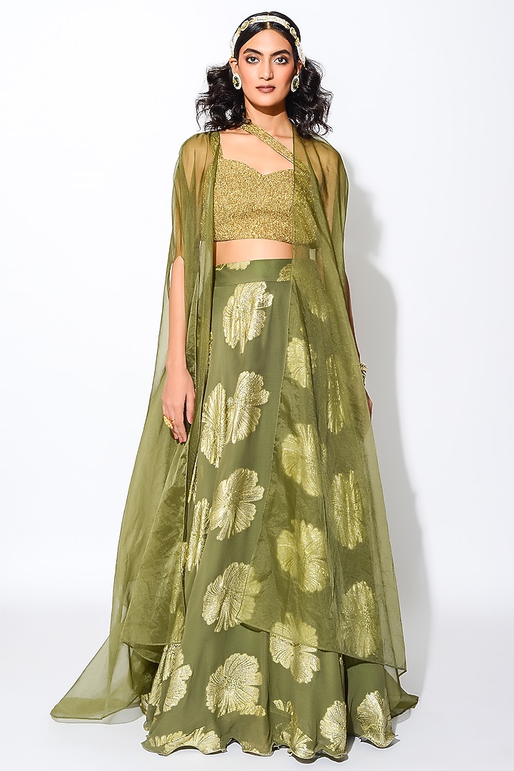 Olive Green & Golden Georgette Floral Skirt Set by Rishi & Vibhuti at Pernia's Pop Up Shop