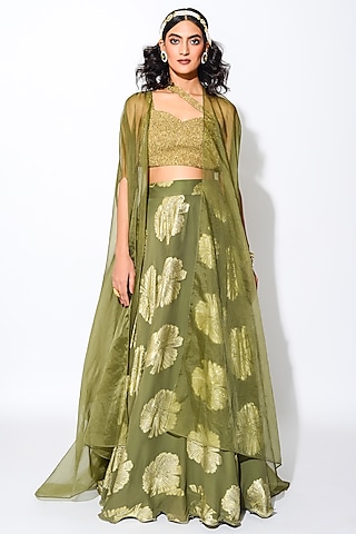 Olive Green & Golden Georgette Floral Skirt Set by Rishi & Vibhuti