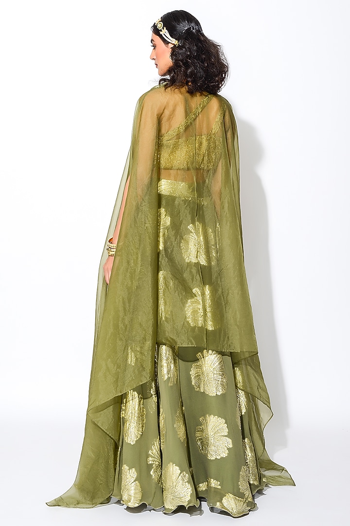 Olive Green & Golden Georgette Floral Skirt Set by Rishi & Vibhuti at Pernia's Pop Up Shop