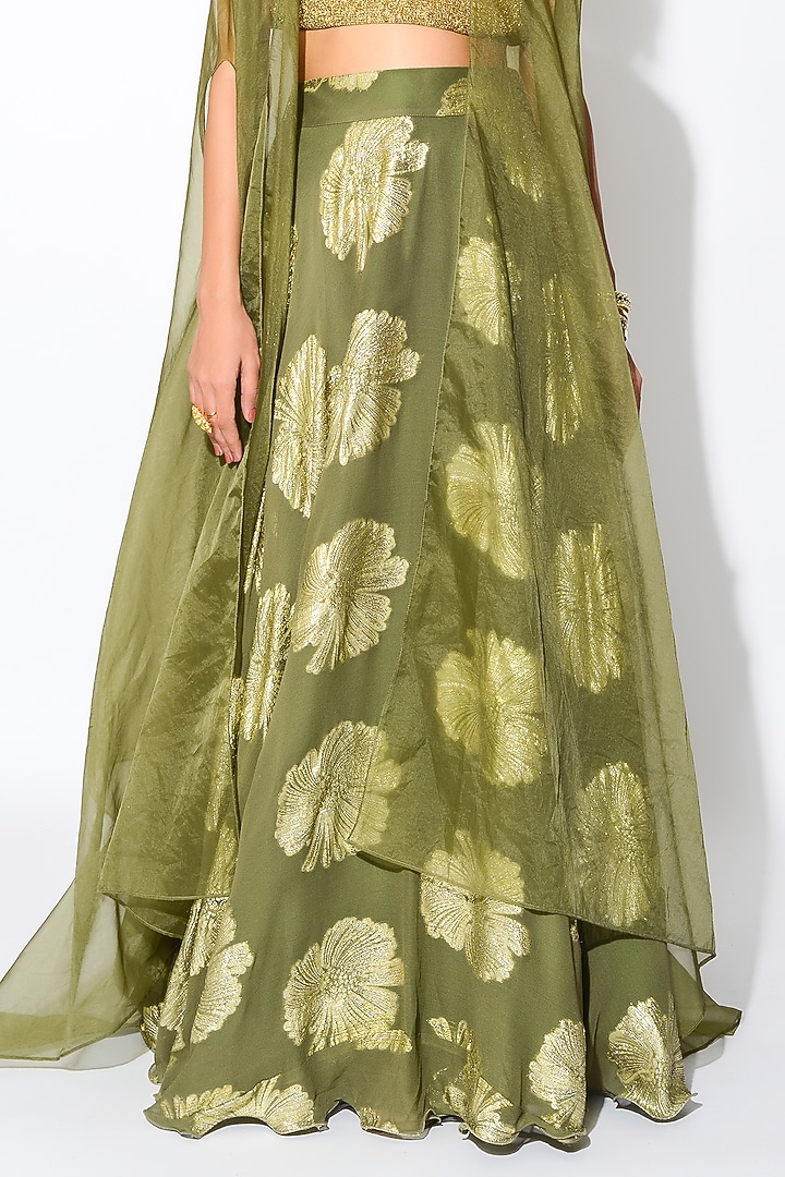 Olive Green & Golden Georgette Floral Skirt Set by Rishi & Vibhuti at Pernia's Pop Up Shop