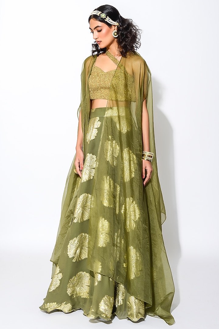 Olive Green & Golden Georgette Floral Skirt Set by Rishi & Vibhuti at Pernia's Pop Up Shop