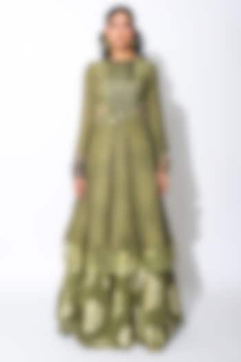 Olive Green & Golden Embroidered Wedding Anarkali Set by Rishi & Vibhuti at Pernia's Pop Up Shop