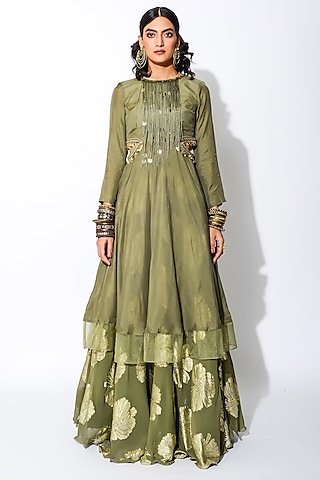 Olive Green & Golden Embroidered Anarkali Set by Rishi & Vibhuti