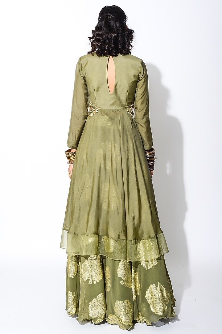 Olive Green & Golden Embroidered Wedding Anarkali Set by Rishi & Vibhuti at Pernia's Pop Up Shop