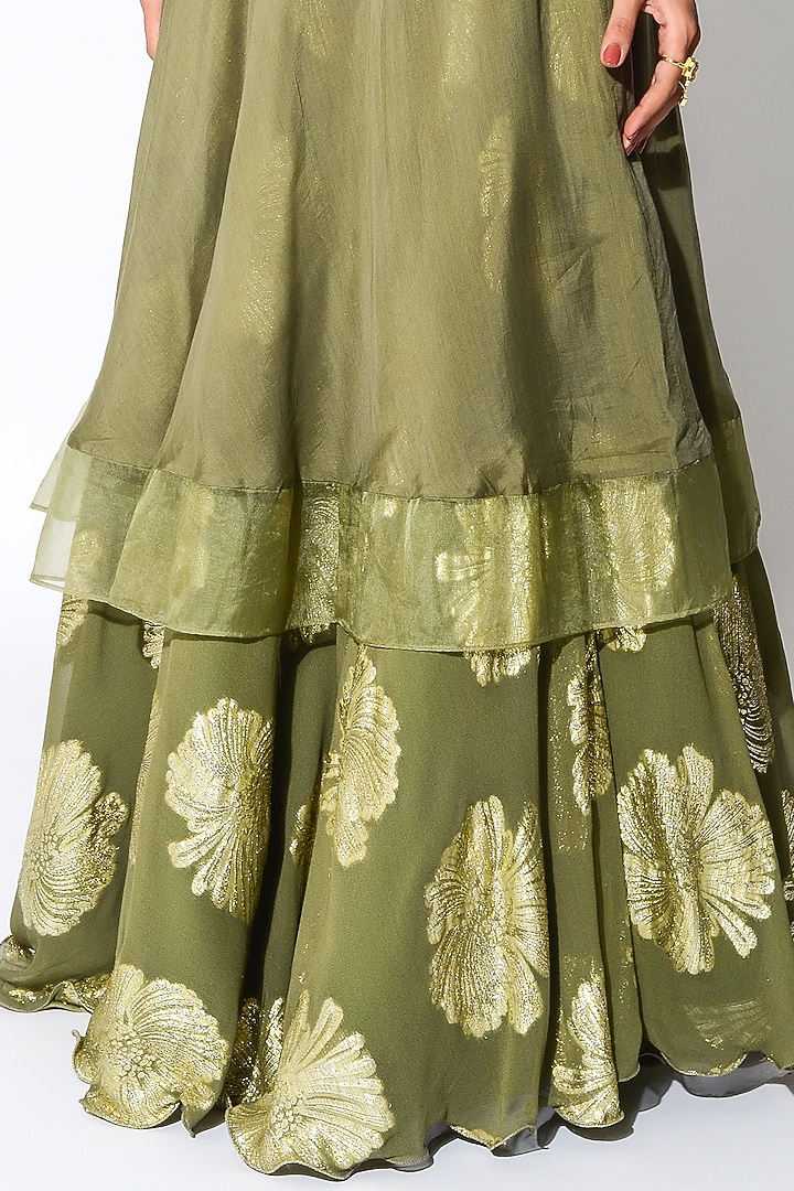 Olive Green & Golden Embroidered Wedding Anarkali Set by Rishi & Vibhuti at Pernia's Pop Up Shop