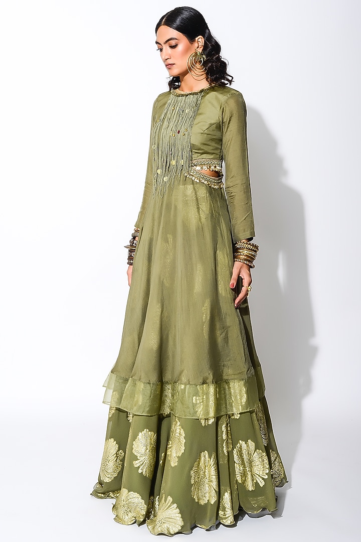 Olive Green & Golden Embroidered Wedding Anarkali Set by Rishi & Vibhuti at Pernia's Pop Up Shop