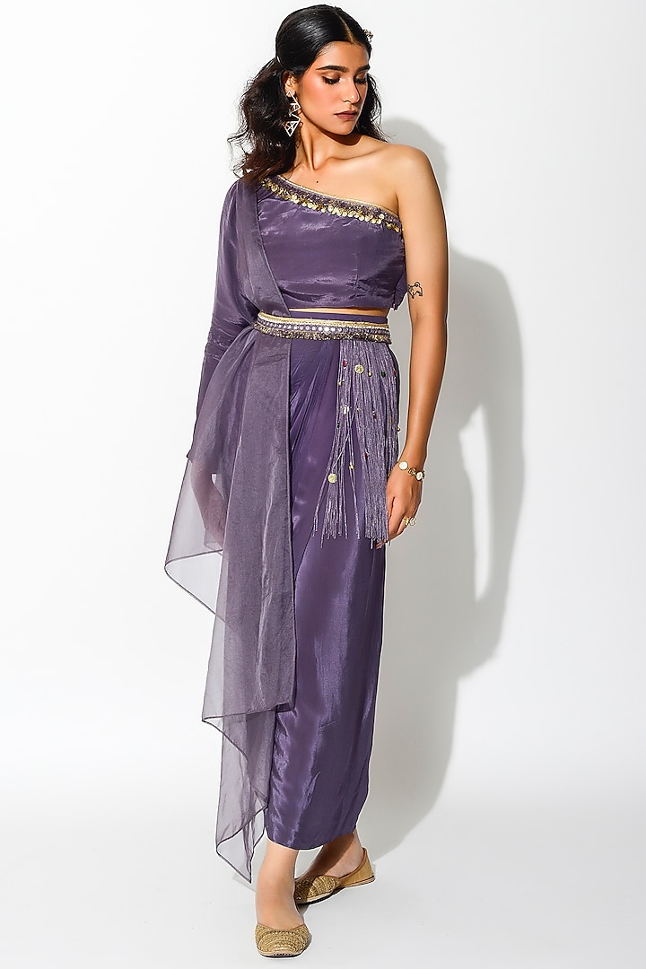 Mauve Crepe Embroidered Skirt Set by Rishi & Vibhuti