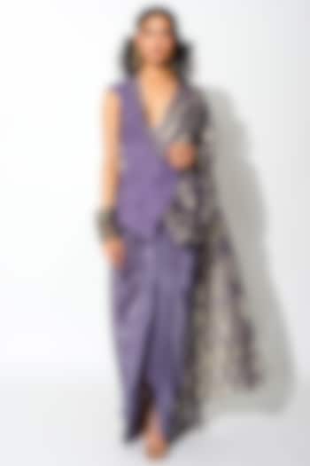 Mauve Crepe Draped Saree Set With Half Blazer by Rishi & Vibhuti