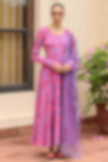 Lilac & Pink Crepe & Organza Embroidered Party Wear Anarkali Set by Rishi & Vibhuti at Pernia's Pop Up Shop