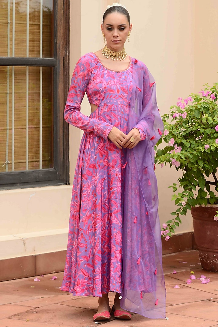 Lilac & Pink Crepe & Organza Embroidered Party Wear Anarkali Set by Rishi & Vibhuti at Pernia's Pop Up Shop