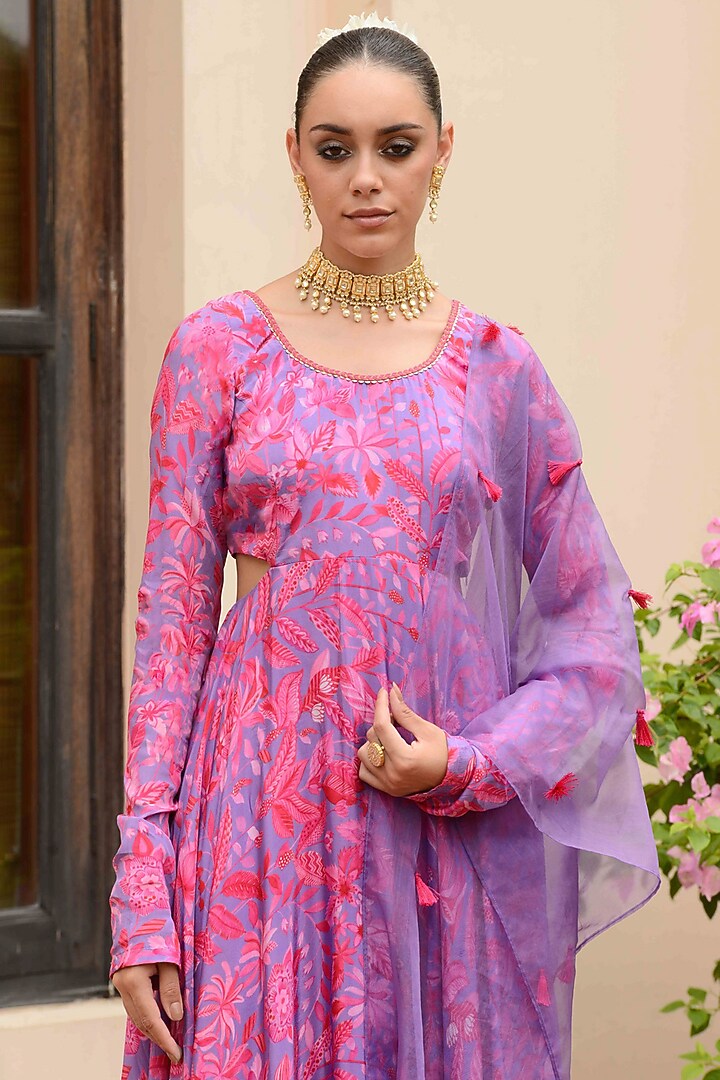 Lilac & Pink Crepe & Organza Embroidered Party Wear Anarkali Set by Rishi & Vibhuti at Pernia's Pop Up Shop
