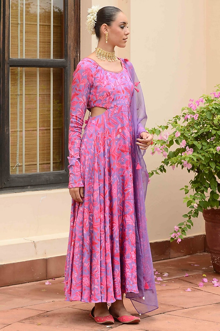 Lilac & Pink Crepe & Organza Embroidered Party Wear Anarkali Set by Rishi & Vibhuti at Pernia's Pop Up Shop